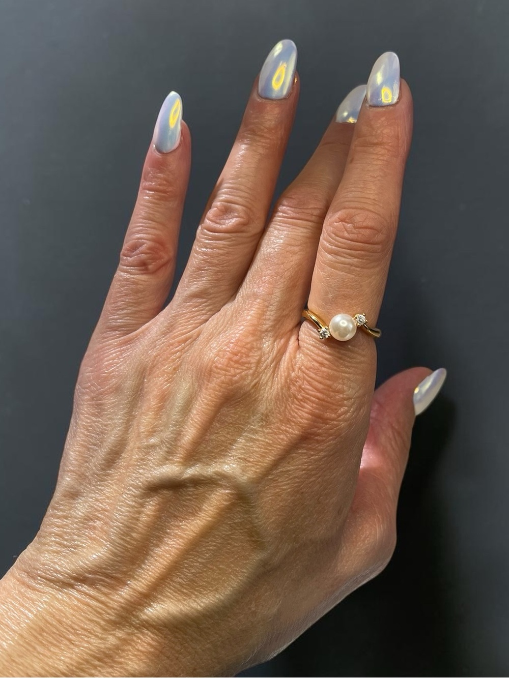 Vintage Taiwan Faux Pearl Crystal Statement Ring Gold Tone Size 7.5